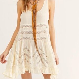 Free People Intimately Voile and Lace Boho Trapeze Cream Mini Sundress Polka dot